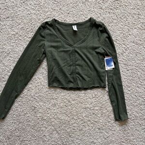 Abound Green Fitted Crop Blouse with V-Neck